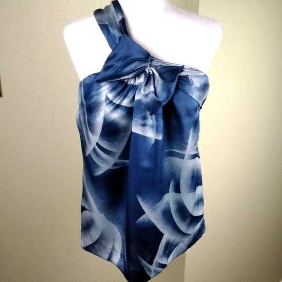Sexy Blue And White One Shoulder Silk Top By BCBG. - Picture 2 of 8